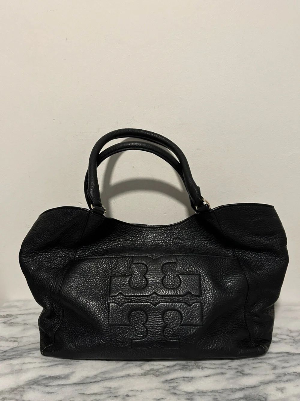 Tory Burch Black Pebbled Leather Logo Satchel